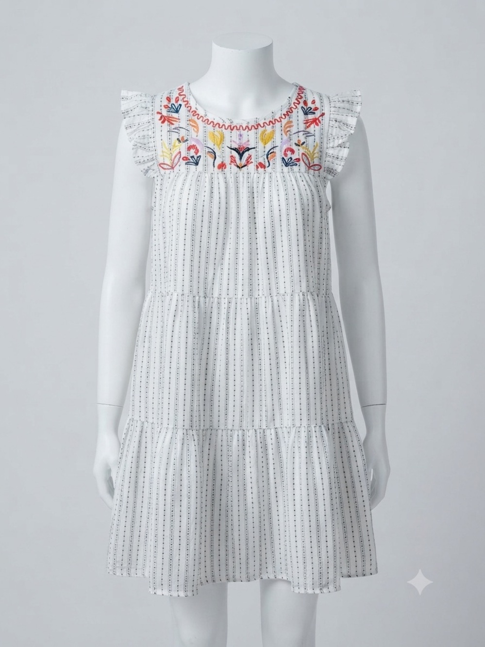 L Love White Striped Midi Dress with Red, Yellow & Navy Embroidery